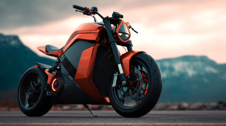 Modern Electric Motorcycle in Vibrant Orange Against a Mountainous Landscapeの素材
