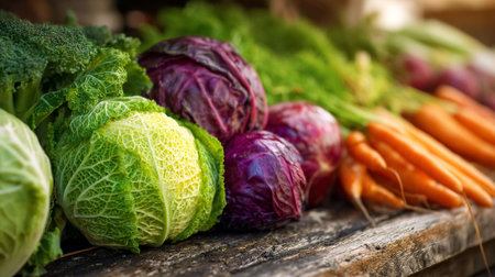 Freshly Harvested Vegetables: A Display of Color and Abundance on Rustic Woodの素材