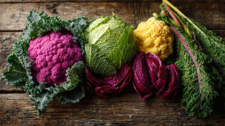 Colorful Caulifower Varieties and Cabbage Mix Displayed on Rustic Wooden Surfaceの素材