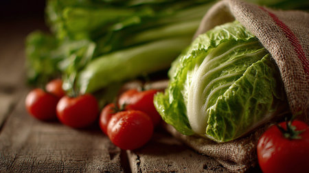 Fresh Harvest: Napa Cabbage and Red Tomatoes on Rustic Wooden Tableの素材