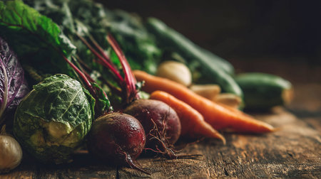 Freshly Harvested Vegetables: A Rustic Display of Nature's Bounty on Wooden Tableの素材