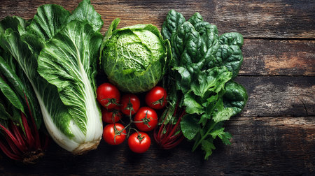 Fresh Vegetables on Rustic Wood Background Displaying Healthy Food Choicesの素材