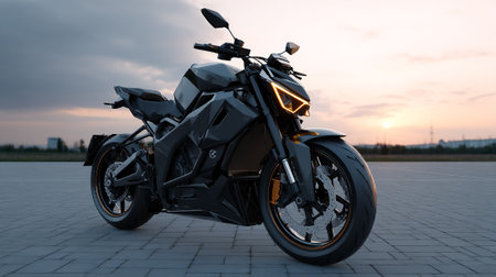 Futuristic Black Motorcycle on Paved Surface at Sunset Showcasing Powerful Designの素材