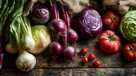 Abundance of fresh, colorful organic vegetables on a rustic wooden surface.の素材