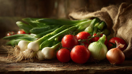 Freshly Harvested Vegetables Displayed on Rustic Wooden Table with Burlap Backdropの素材