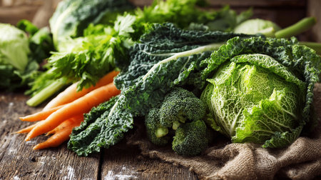 Rustic bounty: A vibrant arrangement of fresh vegetables on wooden surface.の素材
