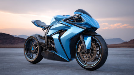 Sleek Blue Superbike Parked on Concrete with Desert Mountain Backdrop at Duskの素材