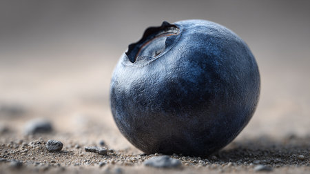 Captivating single blueberry with a textured peel resting on grainy sandの素材