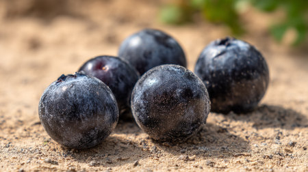 Freshly Picked Blueberries Resting on Sand, Displaying Natural Beauty and Simple Harvestの素材