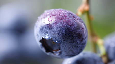 Fresh and juicy blueberries glistening with droplets on branch, fruit healthyの素材