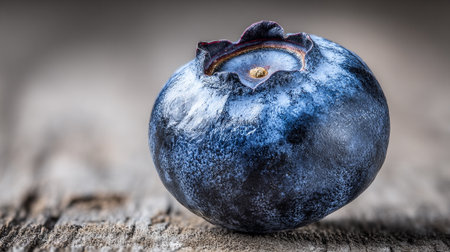 A perfectly ripe blueberry resting elegantly on rustic weathered wood surface.の素材