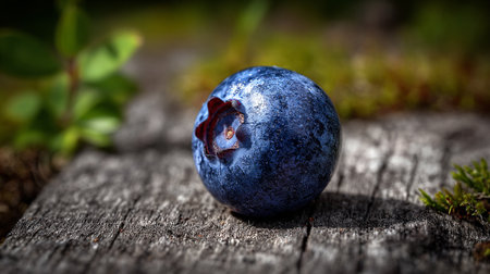 Single blueberry on a rustic wooden surface, illuminated by natural light.の素材
