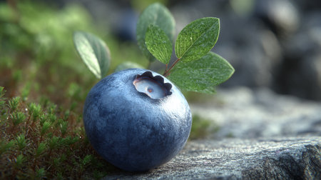A vibrant, single blueberry sits amongst moss and leaves on a grey rock.の素材