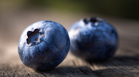 Two Fresh Blueberries Resting on Rustic Wooden Surface in Macro Viewの素材