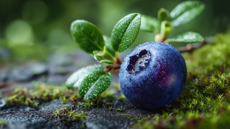 Fresh blueberry with water droplets resting on vibrant moss and leavesの素材
