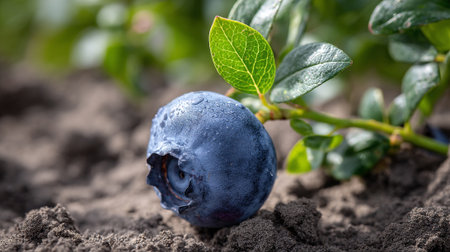 Fresh blueberry lying on fertile ground with leaves after rainfallの素材