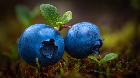 Two Ripe Blueberries on Mossy Ground with Green Leaves Detailの素材