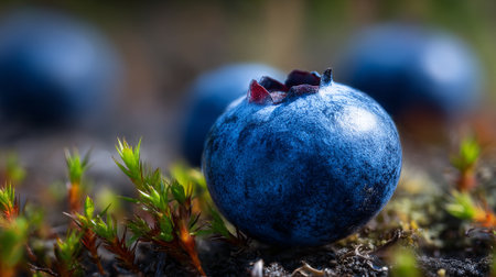Fresh blueberries gleaming amidst moss in a lush outdoor environmentの素材