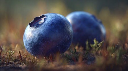 Two ripe blueberries lying in the grass on a sunny day.の素材