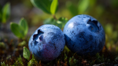 Two wild blueberries resting on a soft mossy forest floorの素材