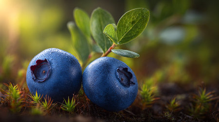 Fresh blueberries in a natural setting, displaying dew drops and green leavesの素材