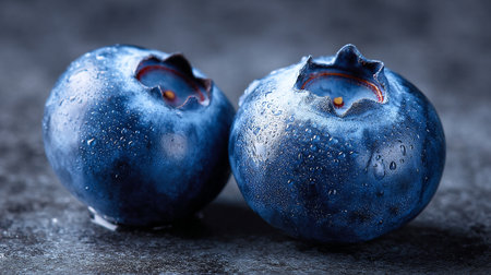 Two perfectly ripe blueberries glistening with moisture on a dark, textured surfaceの素材