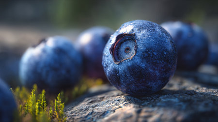 A Captivating Glimpse of Fresh Blueberries Adorned with Water Droplets on Stoneの素材