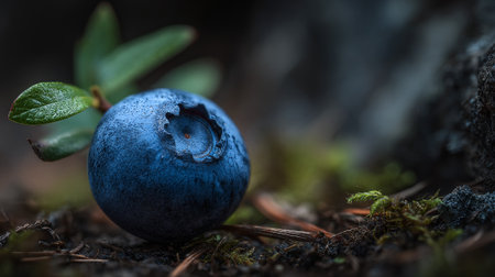 Captivating single blueberry resting on dark forest floor with nearby green leavesの素材
