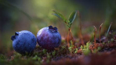 Wild Blueberries in a Forest Clearing, Sparkling with Morning Dew and New Growthの素材