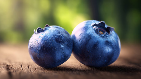 Two fresh blueberries displaying water droplets, resting peacefully on rustic wood surfaceの素材