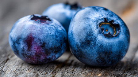 Captivating macro of blueberries against textured wooden background: Healthy eating conceptの素材