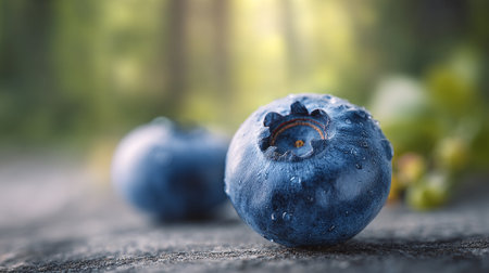 Captivating still life of two blueberries outdoors bathed in natural light.の素材