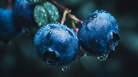 Fresh blueberries with water droplets clinging to their vibrant skin on the branch.の素材