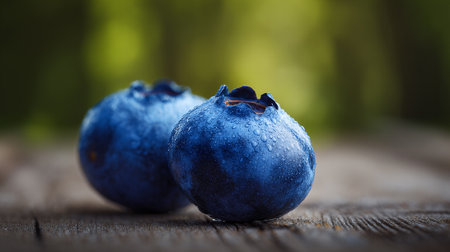 Fresh Blueberries Macro Shot with Water Droplets on a Wooden Surfaceの素材