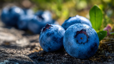 Fresh Blueberries Macro Shot with Dew Drops Sparkling in the Sunlightの素材
