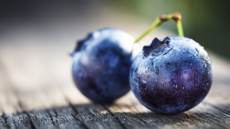 Fresh blueberries with water droplets sitting on aged rustic wooden surface.の素材