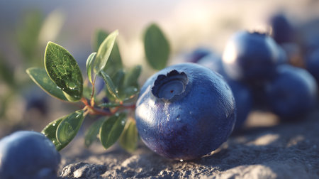 Luscious blueberries resting on a rough surface with vibrant leaves around.の素材