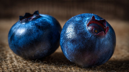 Two Fresh Blueberries with Water Droplets Resting on Burlap Fabricの素材