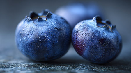 Fresh and glistening blueberries in a cool, inviting still life photographの素材
