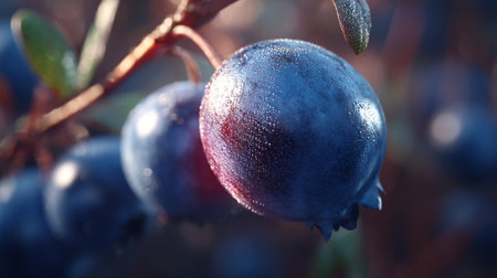 Macro Shot Showcasing Fresh Blueberries Covered in Morning Dew on a Branchの素材