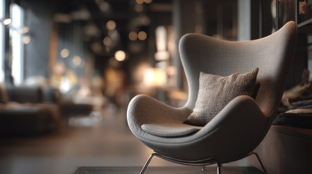 Elegant wingback chair in a contemporary setting with neutral colors and lightingの素材