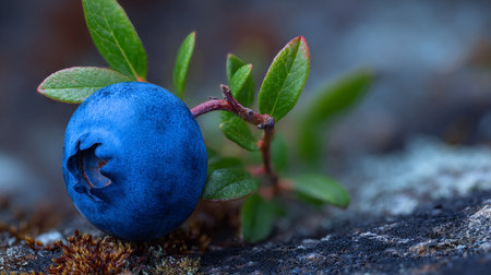 A vibrant, close-up showcases a single blueberry against its natural backdrop.の素材
