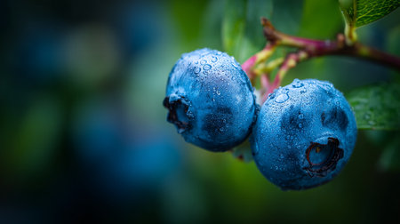 Two Fresh Blueberries Adorned with Dew Droplets on the Branchの素材