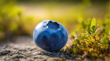 Wild Blueberry Beauty: Macro Shot of a Single Berry Amidst Mossの素材