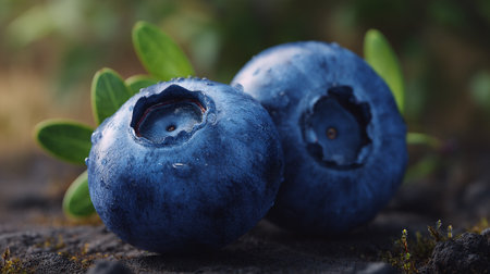 Two fresh blueberries with glistening water droplets resting on a textured surface.の素材