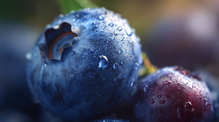 Fresh blueberries with droplets of water glistening, showcasing vibrant summer fruit goodnessの素材