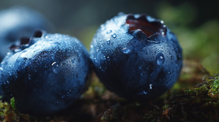 Fresh blueberries with water droplets on a bed of mossy texture.の素材