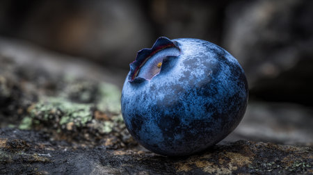 Single blueberry rests on a lichen covered rock with moody lighting.の素材