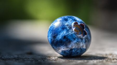 A single blueberry resting on a textured surface, under soft sunlight.の素材