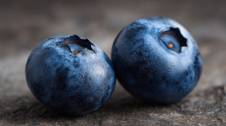 Two fresh blueberries nestled closely together on a rustic wooden surface.の素材